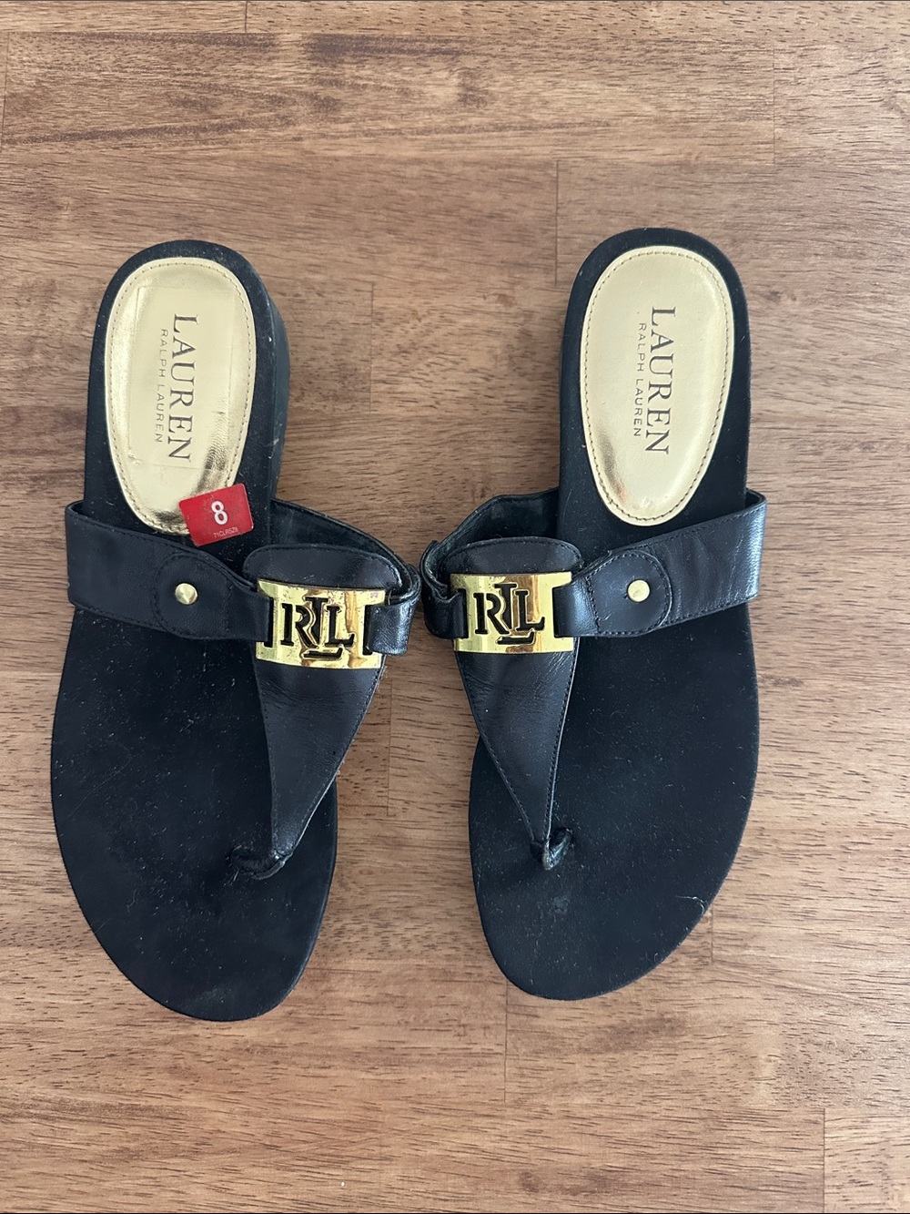 Lauren Ralph Lauren Black Leather Thong Sandals with Gold RLL Accent